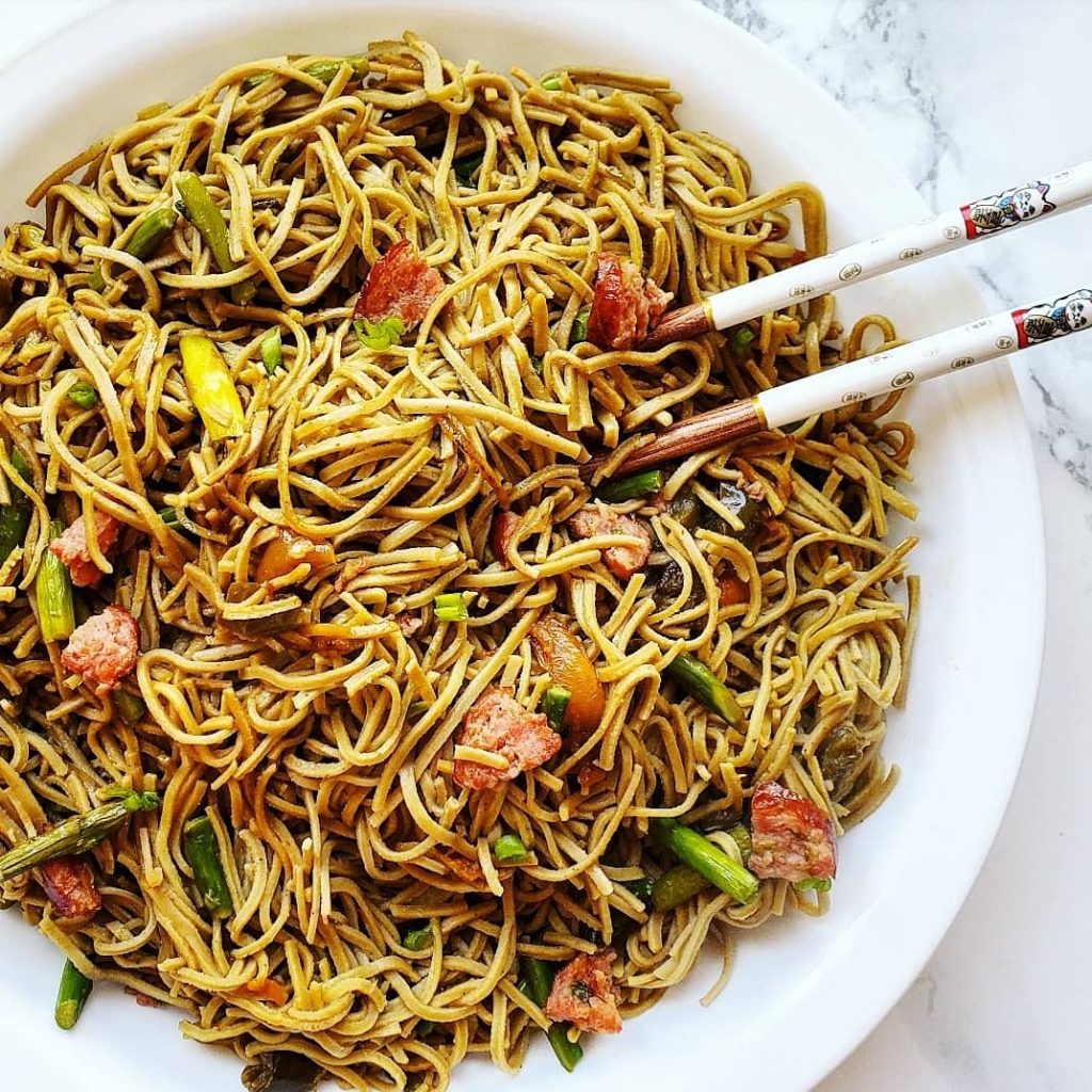 Edamame Noodle StirFry Spinach and Bacon