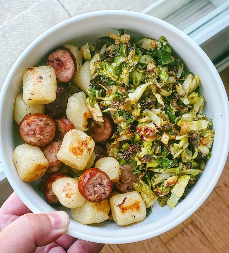 Cauliflower Gnocchi, Brussels Sprouts, and Smoked Apple Chicken Sausage