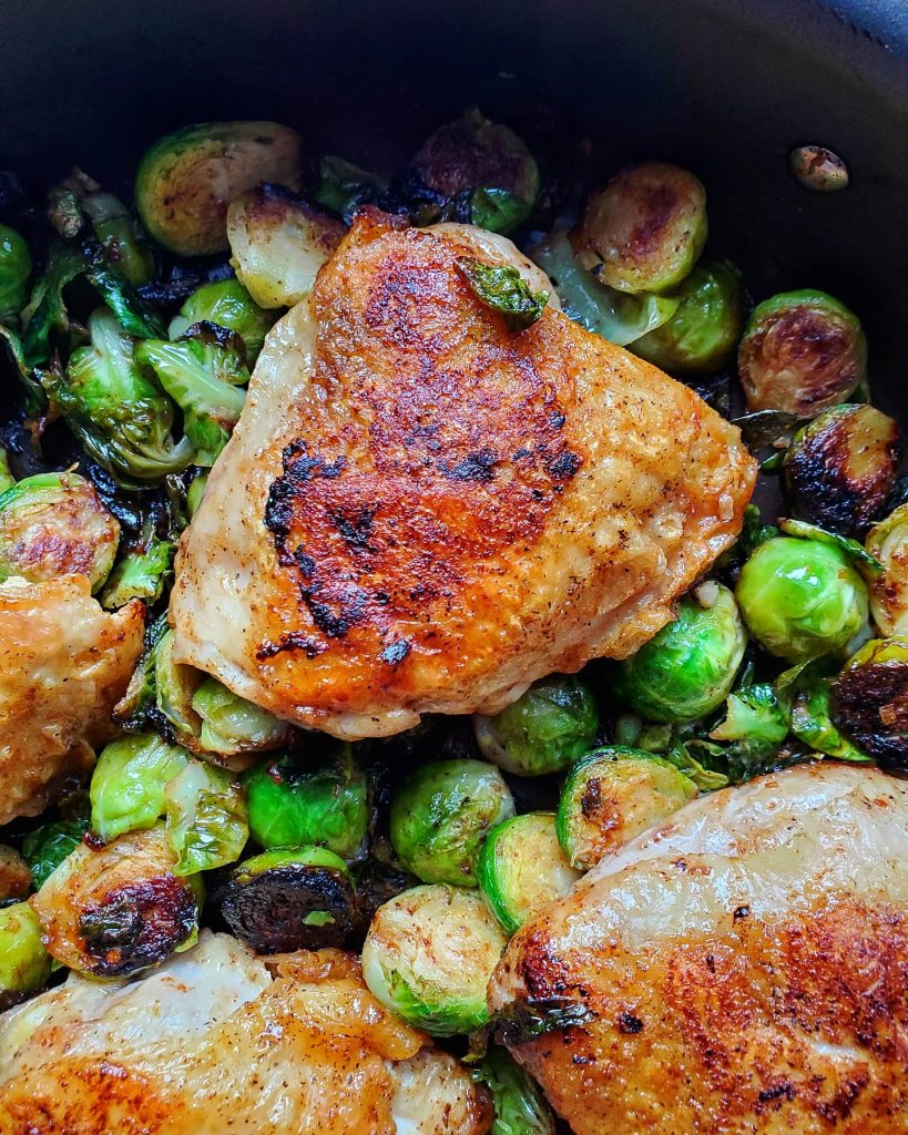 One Pan Honey Mustard Chicken Thighs with Brussels Sprouts
