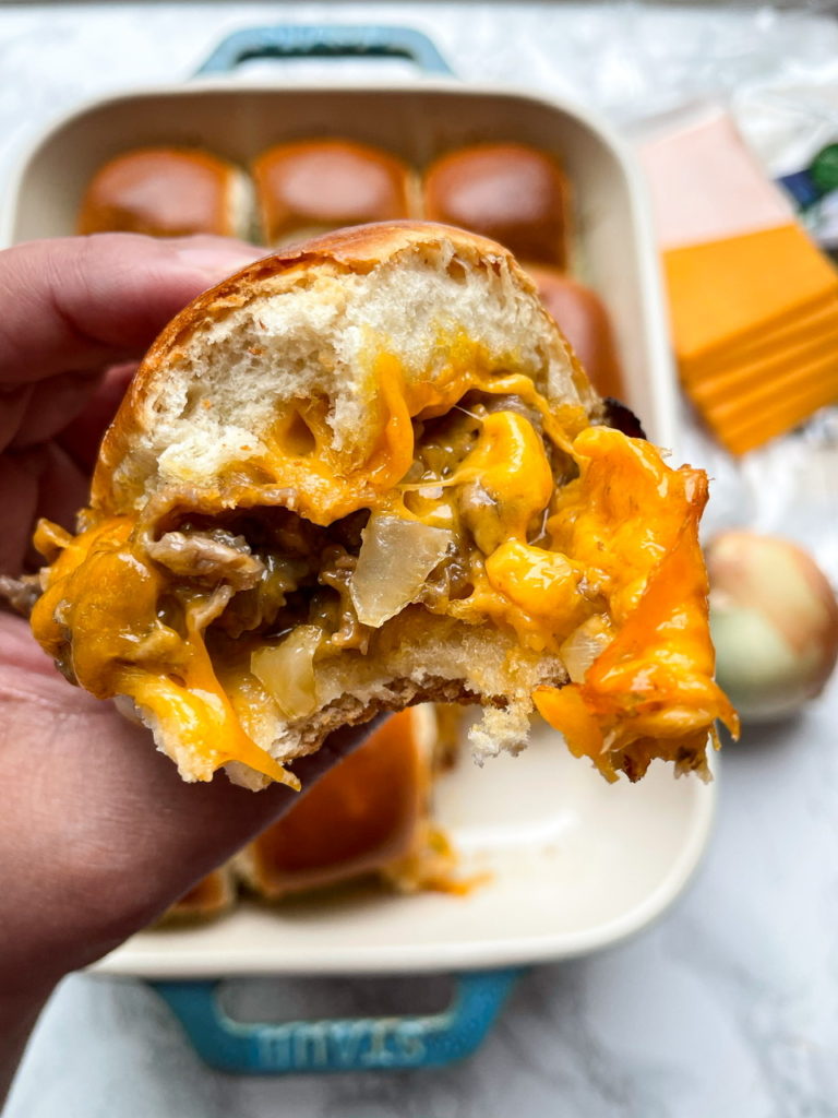 Cheesesteak Sliders | Cheesy Beef and Onion Sliders on Hawaiian Rolls