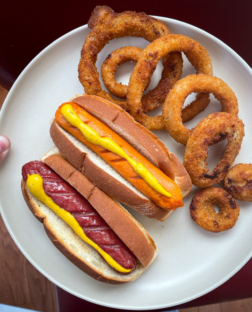 Air Fryer Hot Dogs and Onion Rings