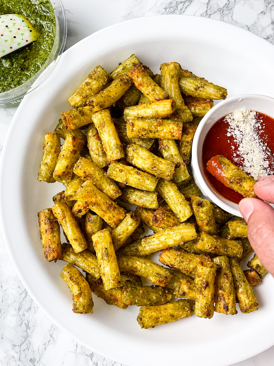 Pesto Pasta Chips Season Boiled Pasta crisped up in an Air Fryer