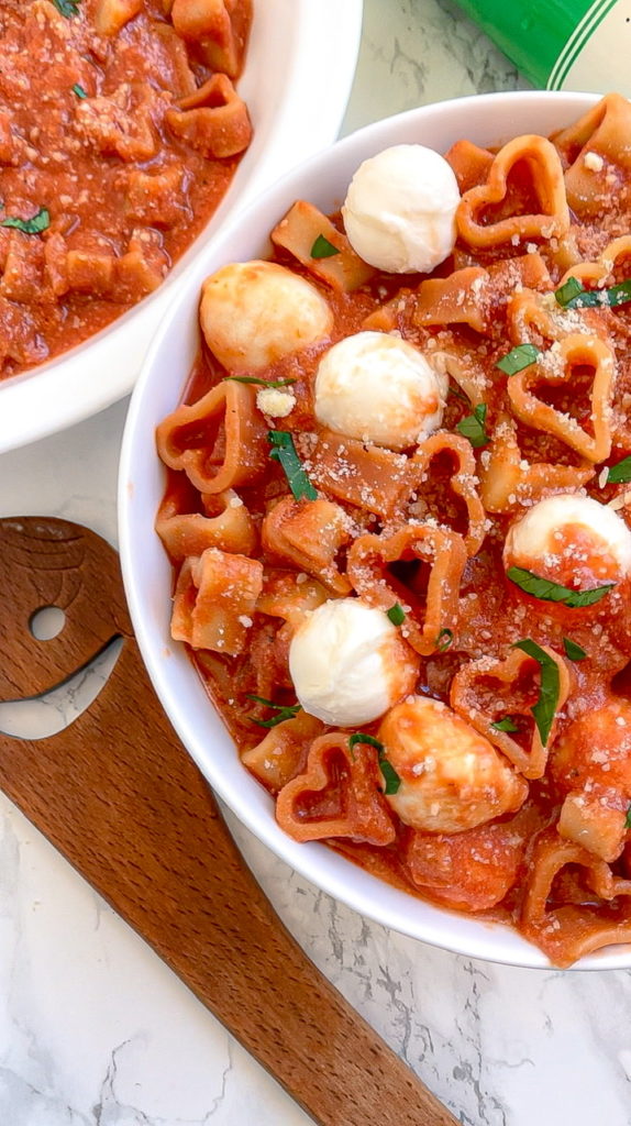 Blush Sauce with Heart Shaped Pasta and Mini Mozzarella. A great Valentine's Day meal idea.