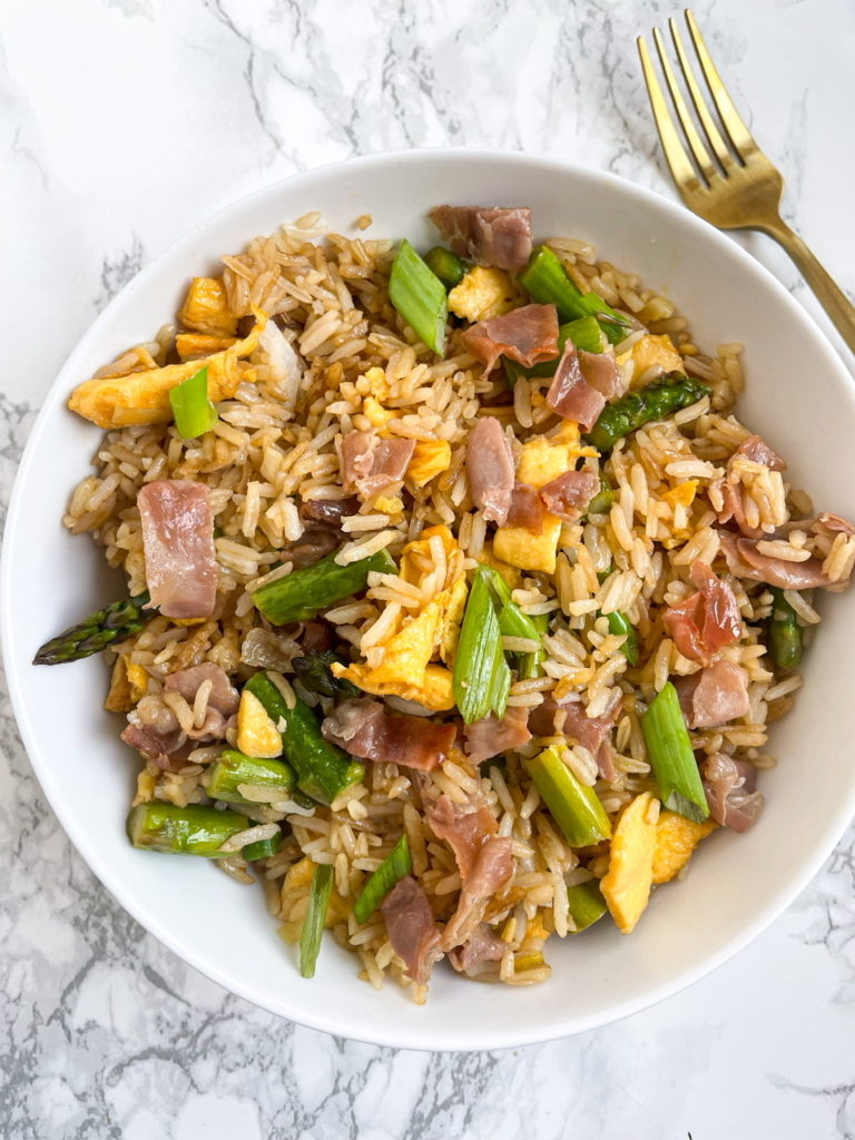 Ham Fried Rice with Crispy Ham, Egg,  and Vegetables