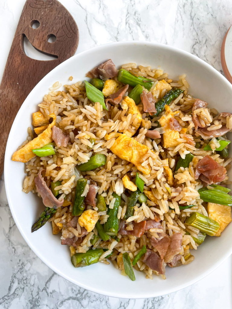 Ham Fried Rice with Crispy Ham, Egg,  and Vegetables