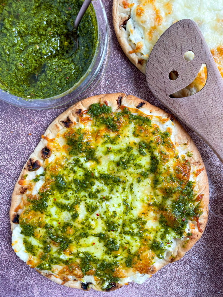 Goat Cheese Pizza topped with Chimichurri