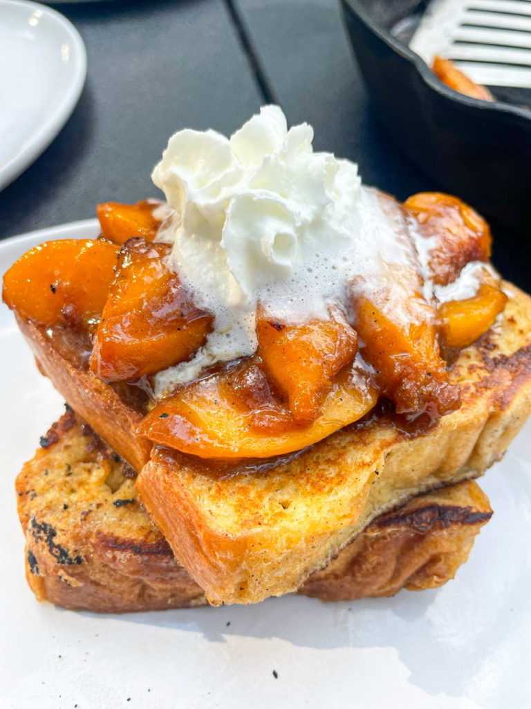French Toast with Caramelized Peaches made in a Cast Iron Pan