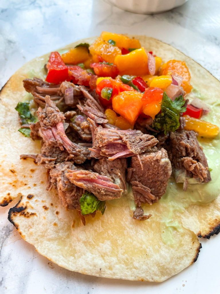 Slow Cooker Pulled Beef Tacos with Peach Mango Salsa