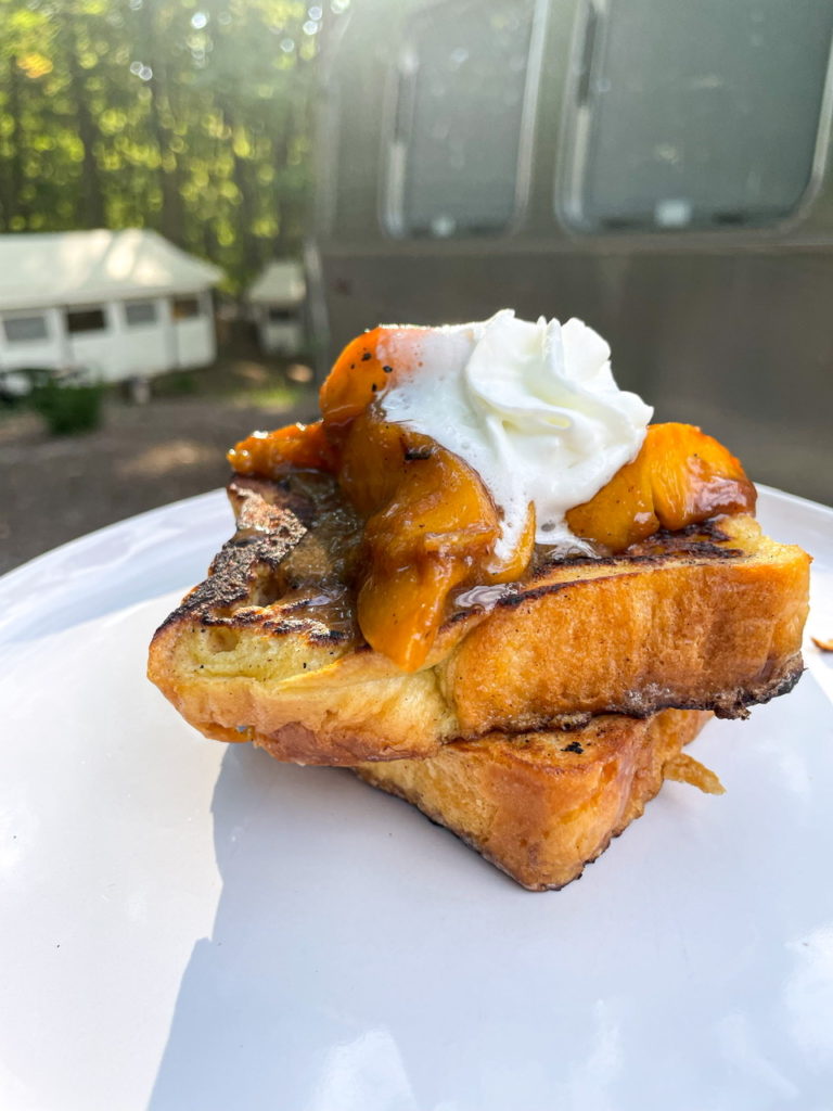 French Toast with Caramelized Peaches made in a Cast Iron Pan