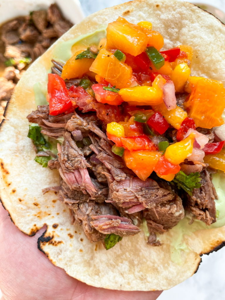 Slow Cooker Pulled Beef Tacos with Peach Mango Salsa