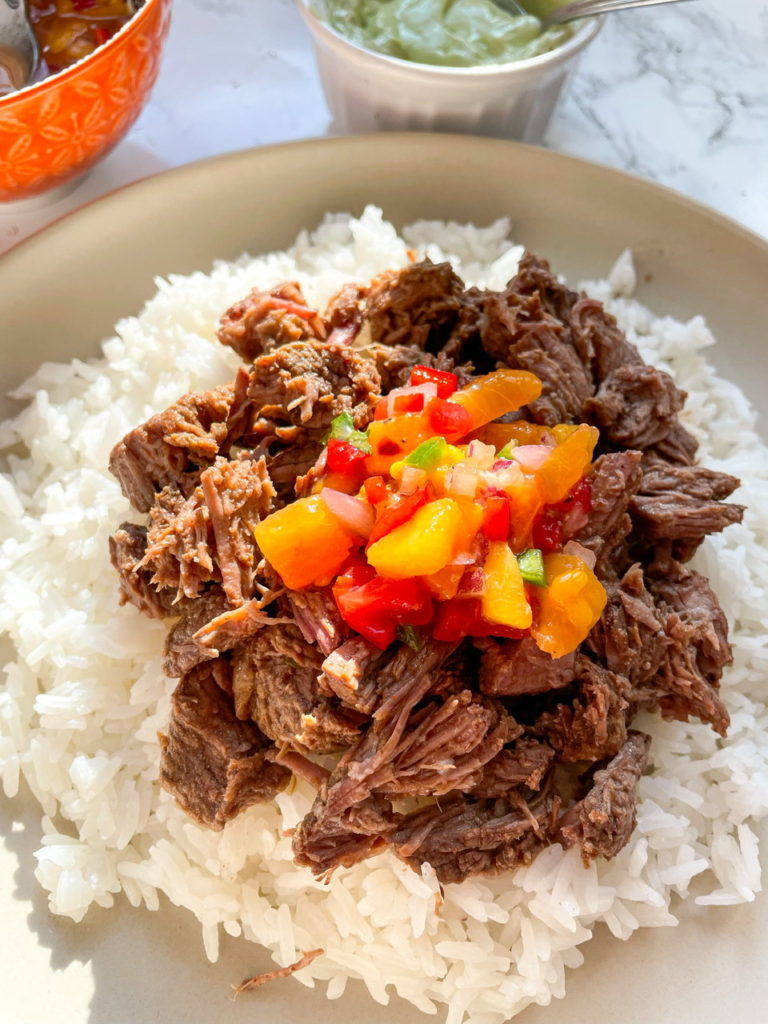 Slow Cooker Pulled Beef over Rice with Peach Mango Salsa