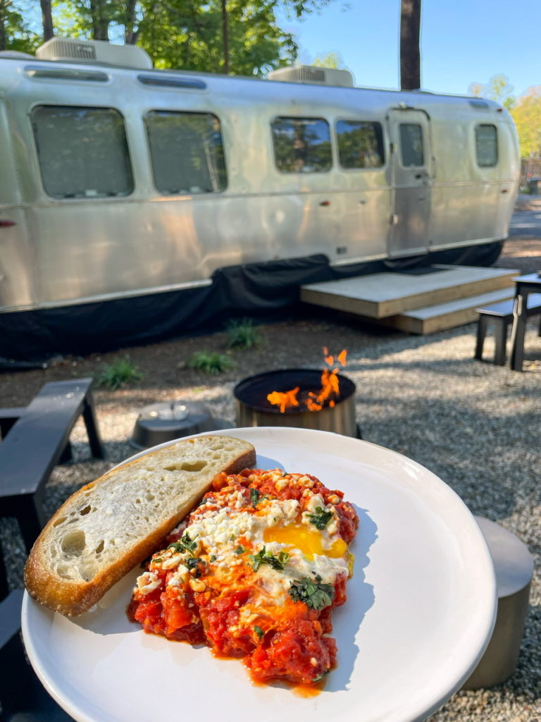 shakshuka with feta cheese made while camping