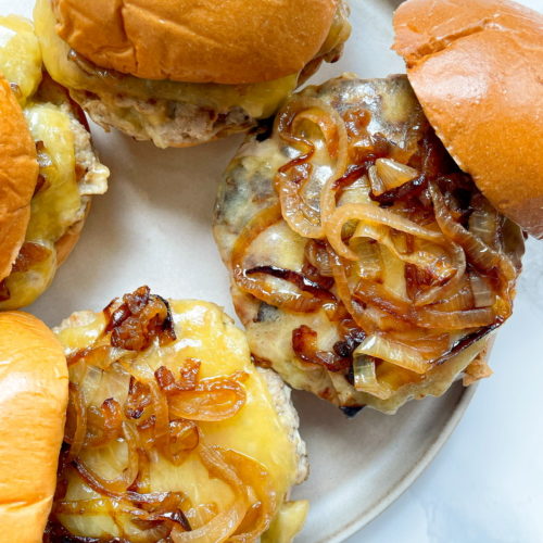 Pork and Apple Burgers with White Cheddar and Caramelized Onions