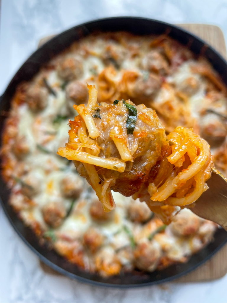No Boil Spaghetti Bake with Meatballs and Cheese