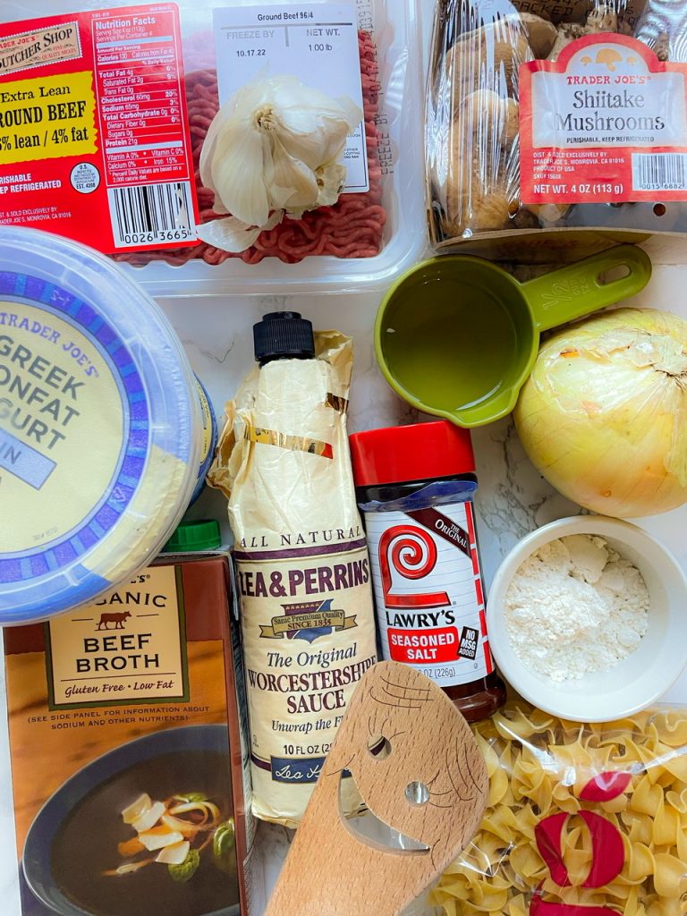 Ingredients for One Pot Beef Stroganoff made with Ground Beef