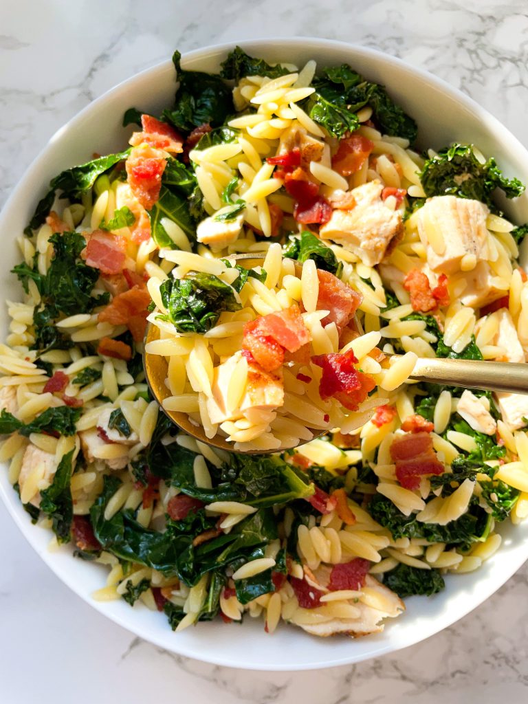 Warm Kale Pasta Salad with Orzo, Kale, Bacon, Grilled Chicken, and Lemon
