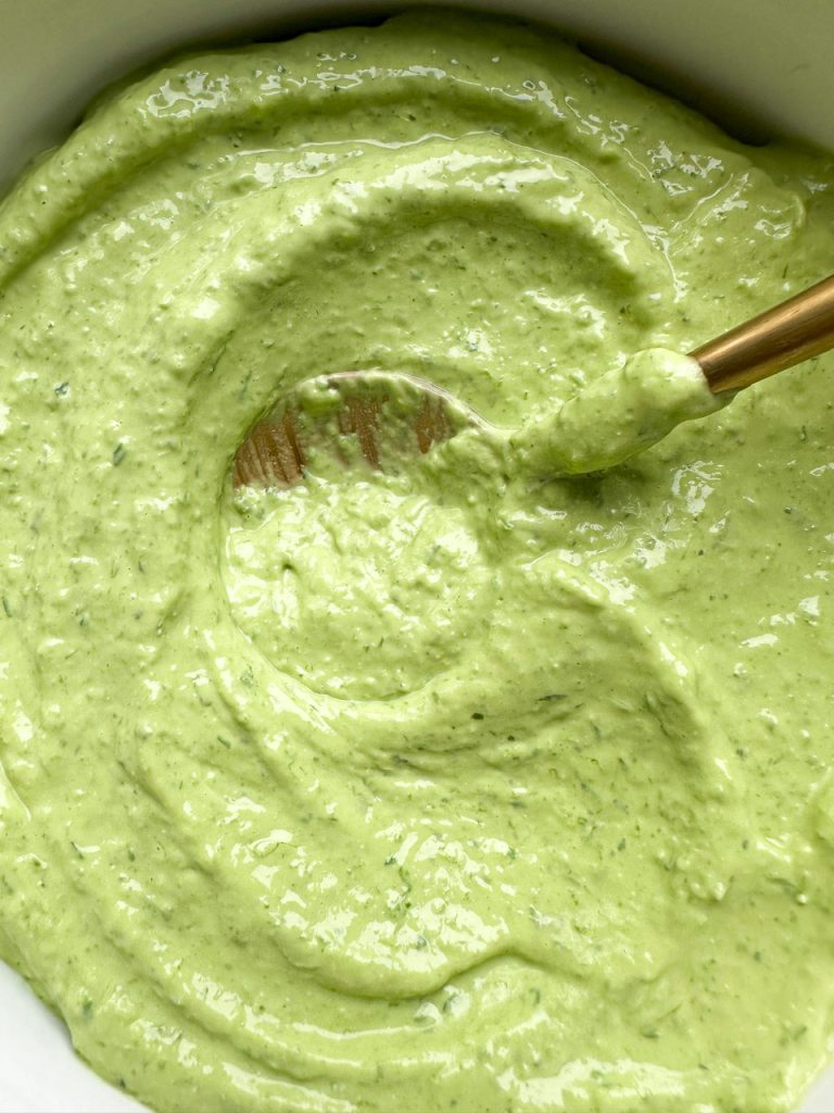 Creamy Cottage Cheese Green Goddess Dip made with avocado, garlic, lemon, and herbs