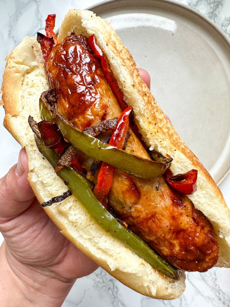 Air Fryer Sausage and Peppers sandwich