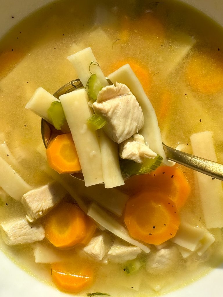 Gluten Free Chicken Noodle Soup made with Gluten Free Egg Fettuccine and Chicken Breast