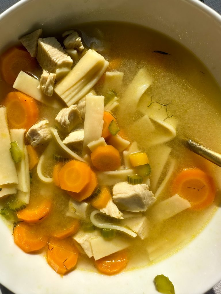 Gluten Free Chicken Noodle Soup made with Gluten Free Egg Fettuccine 
