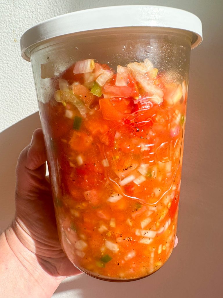 Tomato Relish made with tomatoes, onion, shallots, celery, jalapeno, vinegar, sugar, and curry powder