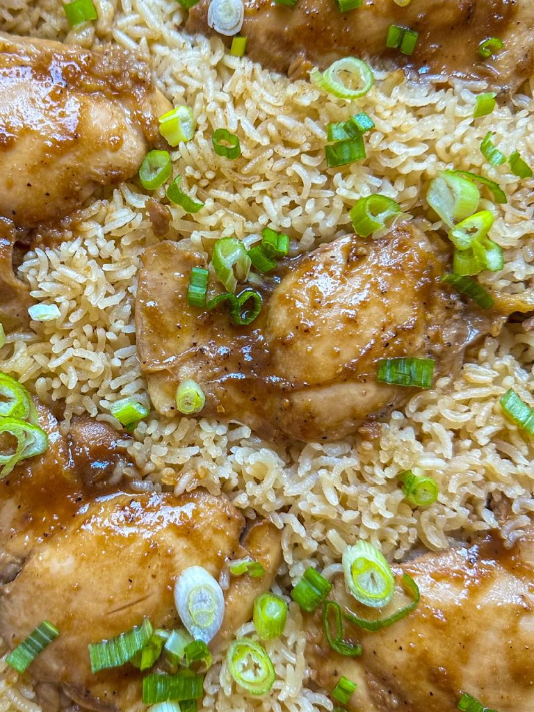 Soy garlic chicken and ginger scallion rice cooked in one pot.
