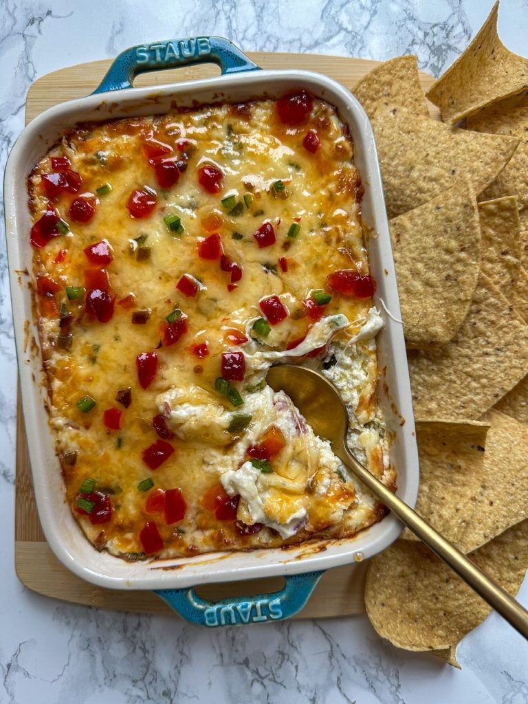Jalapeno Dip with cream cheese, fresh jalapenos, garlic, bacon, and pepper jelly