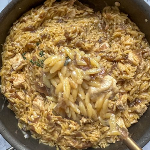 French Onion Chicken and Pasta with caramelized onions, chicken breast, and orzo