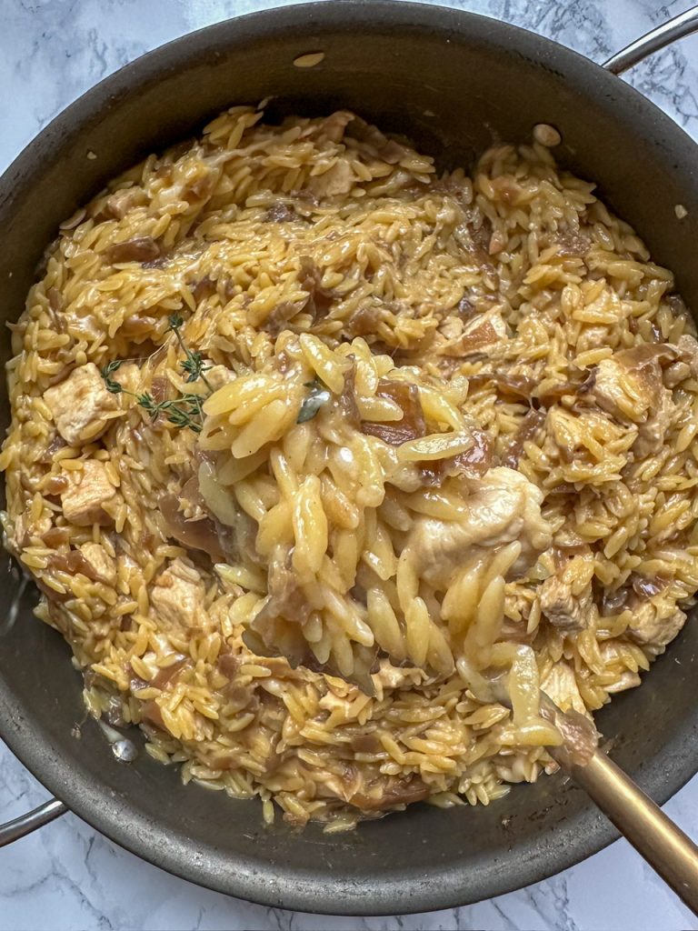 French Onion Chicken and Orzo with caramelized onions and gruyere cheese