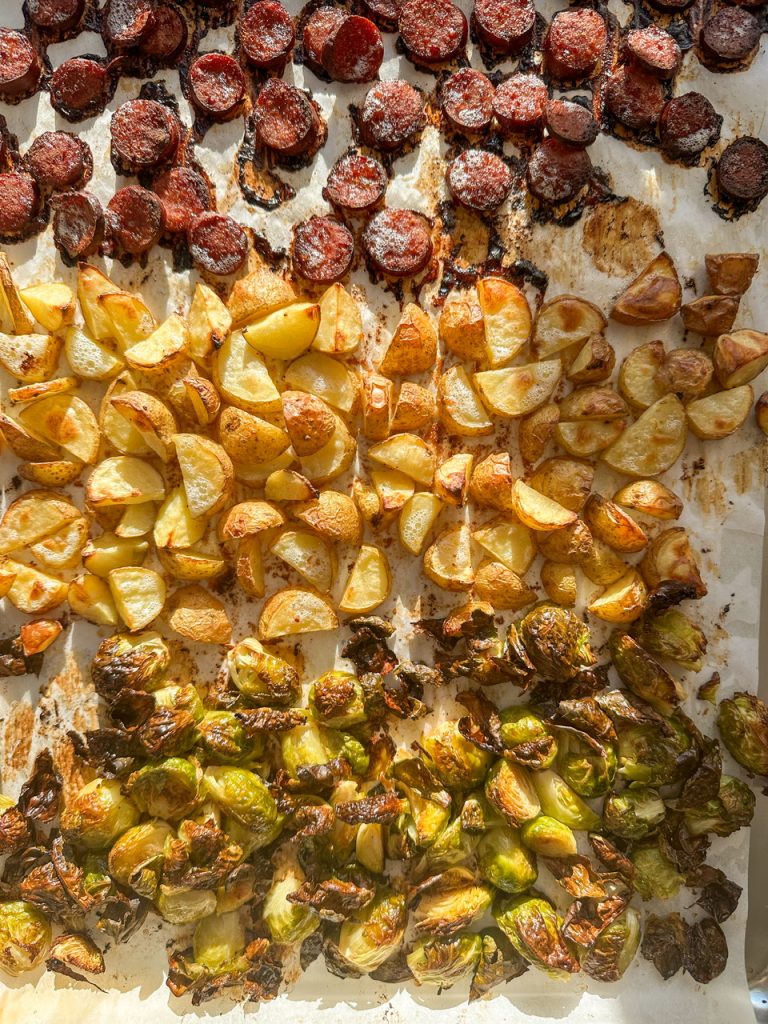 smoked sausage and potatoes with brussels sprouts