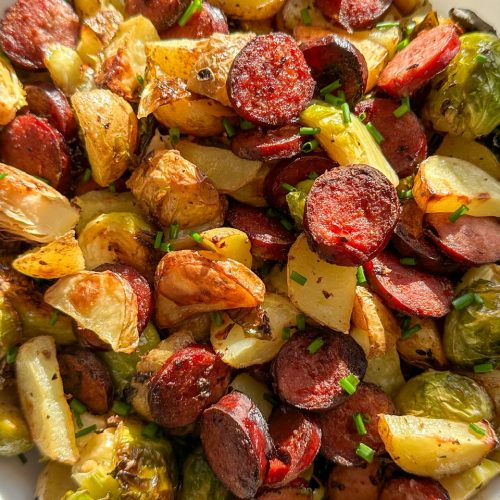 smoke sausage and potatoes with brussels sprouts