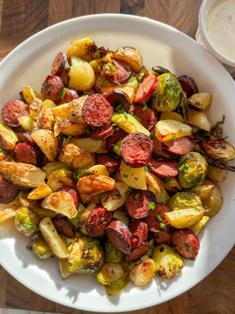 smoked sausage and potatoes sheet pan meal with brussels sprouts