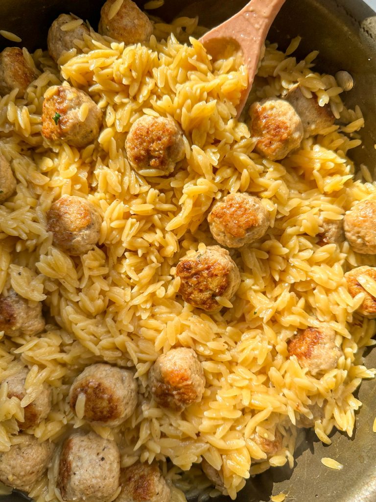Lemon Chicken Meatballs and Orzo with Feta Cheese