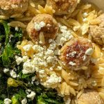 Lemon Chicken Meatballs and Orzo with Garlic Kale and Feta Cheese