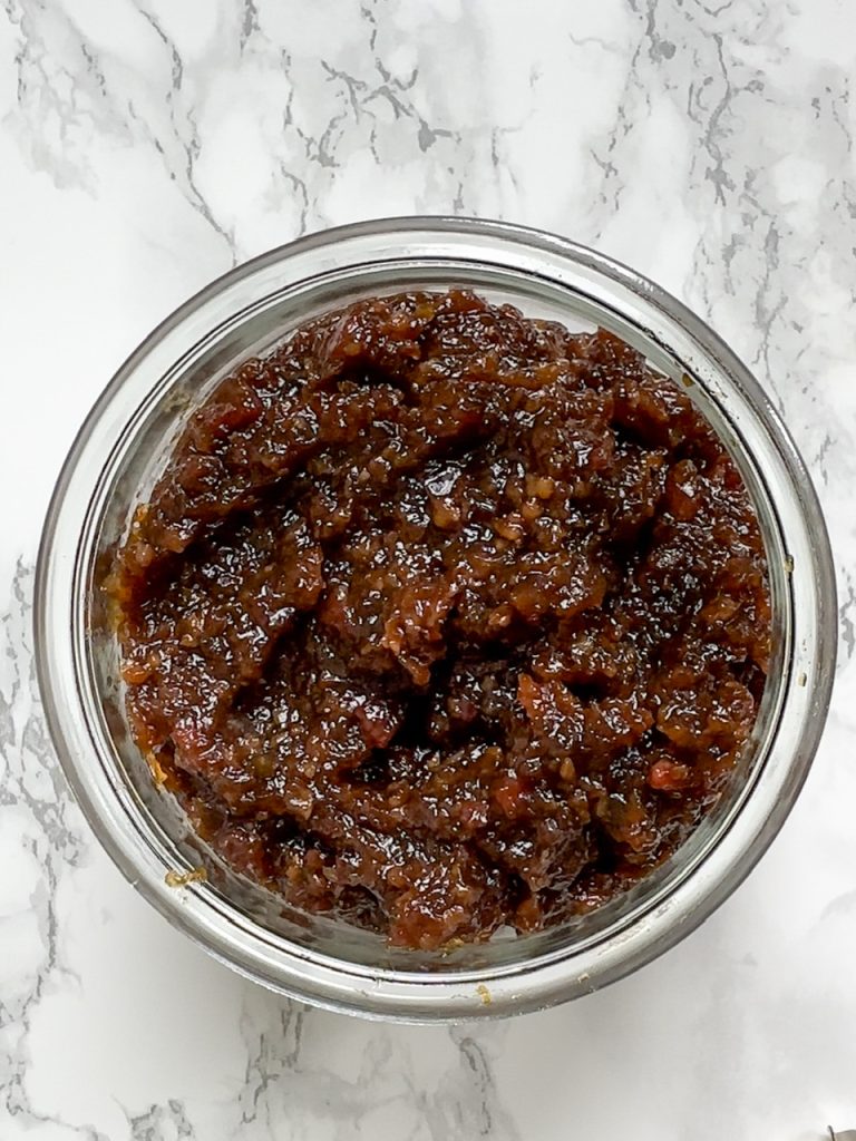 Homemade Bacon Jam made with onion, garlic, bacon, sugar, and vinegar