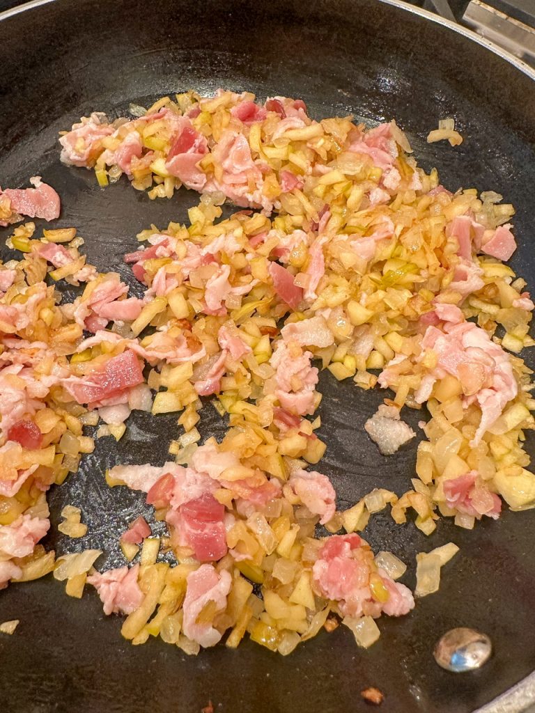 Onion, Apple, and Bacon mixture that will be added to the ground pork