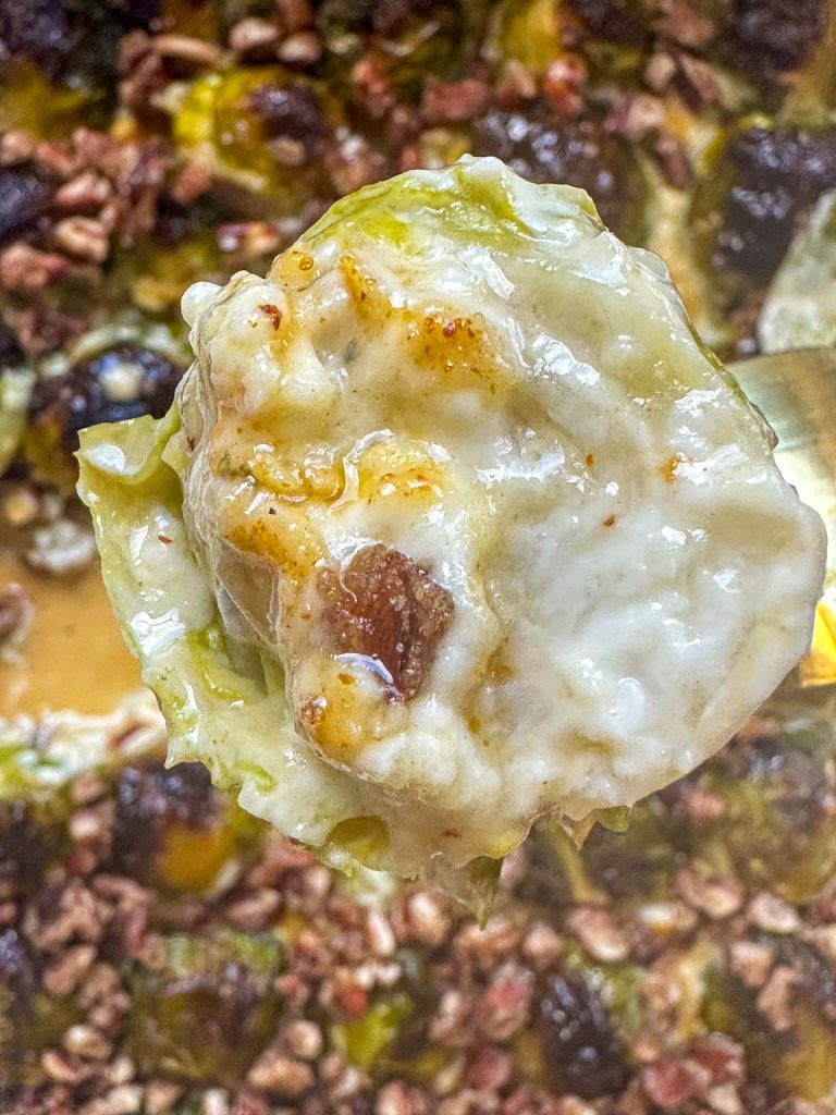 creamy blue cheese brussels sprouts with candied pecans