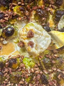 Creamy Blue Cheese Brussels sprouts with hot honey and candied pecans