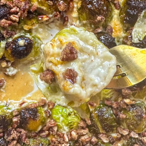 Creamy Blue Cheese Brussels sprouts with hot honey and candied pecans