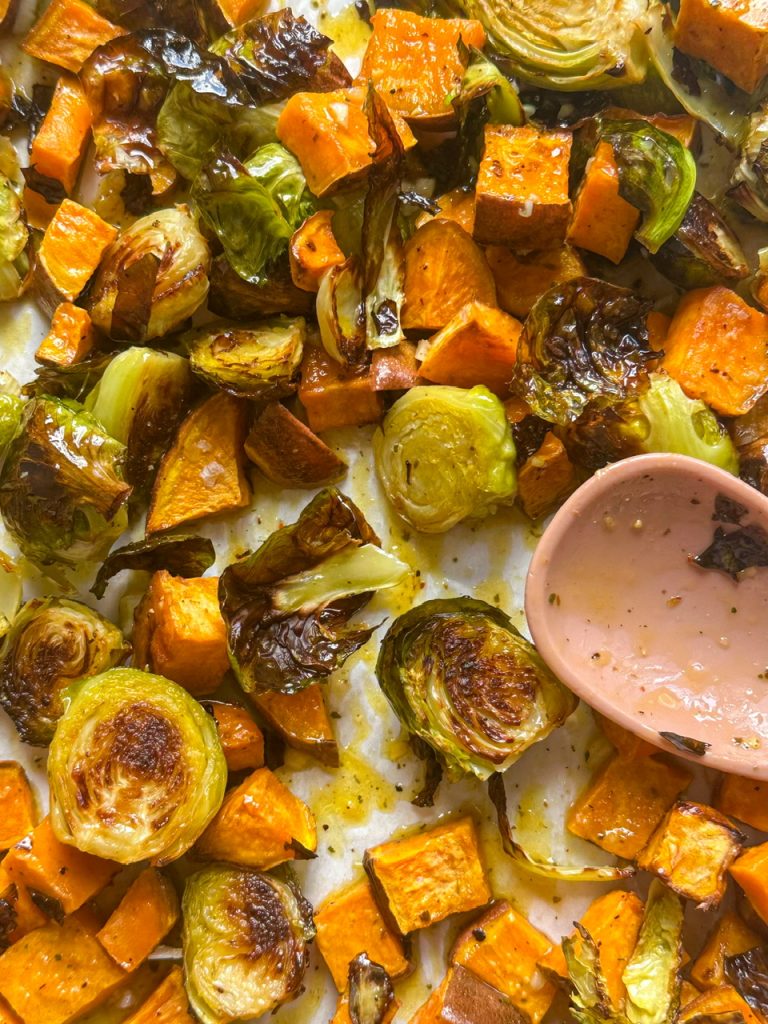 Roasted Sweet Potatoes and Brussels Sprouts