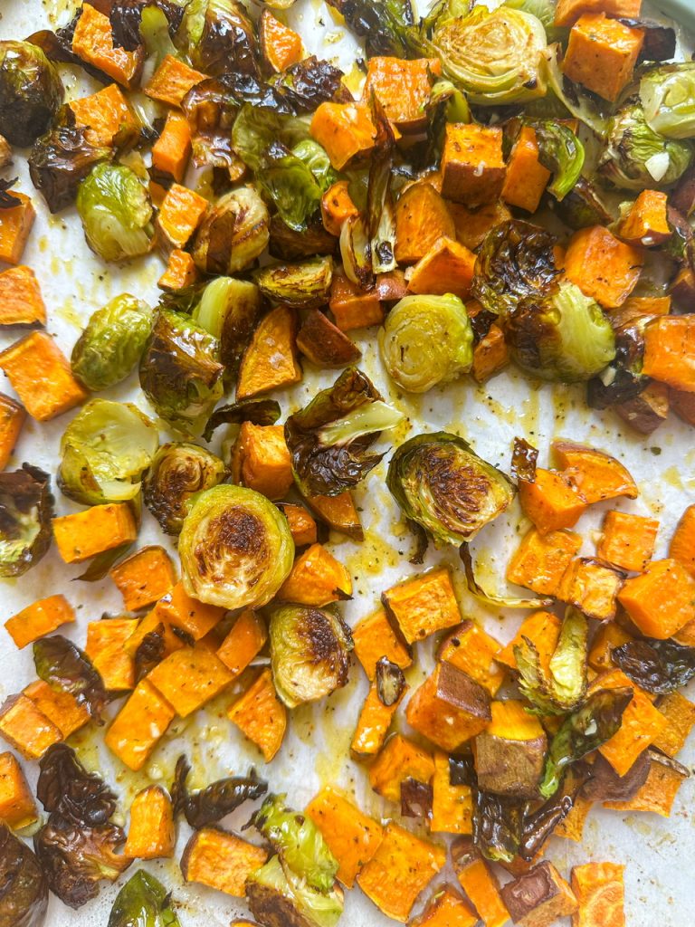 Roasted Brussels Sprouts and Sweet Potatoes with Lemon Vinaigrette