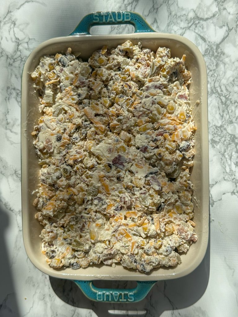 Creamy Corn and Bacon Dip before it gets baked in the oven