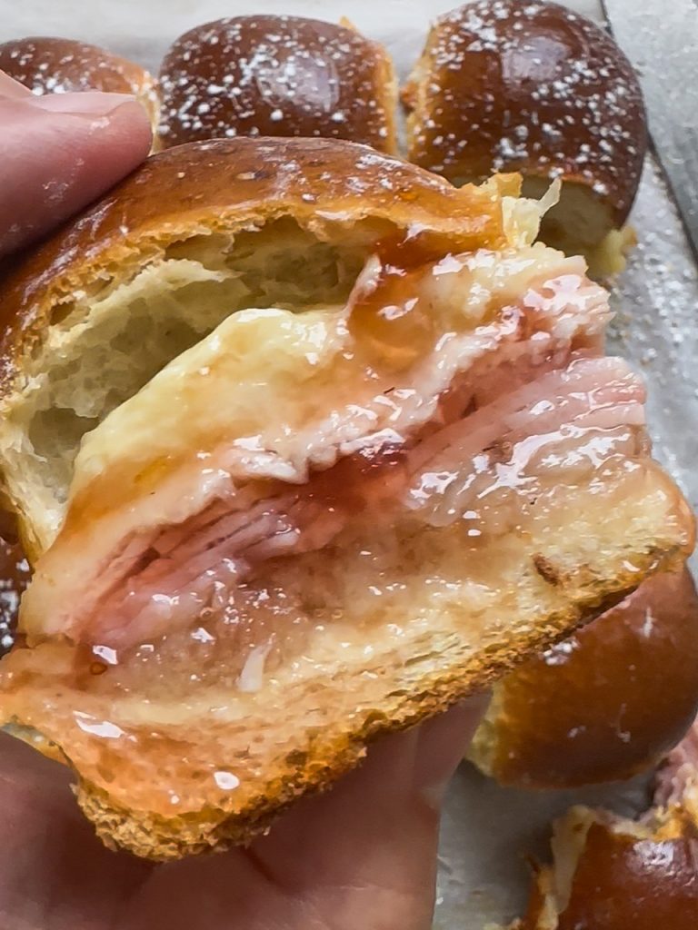 Monte Cristo Sliders with ham, turkey, swiss, dijon mayo, and strawbery jam