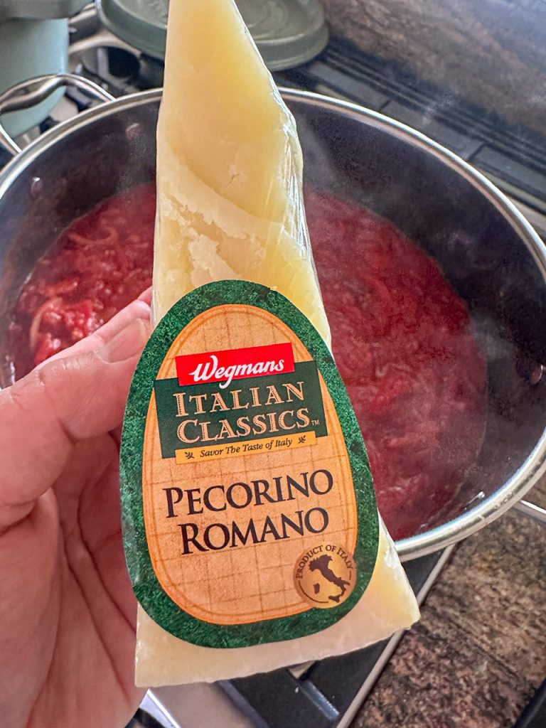 Penne Amatriciana traditionally uses pecorino romano cheese