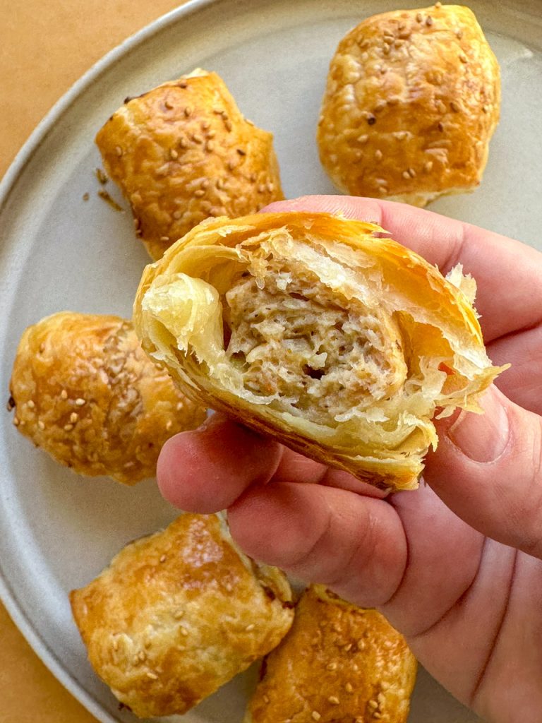 Chicken Sausage Rolls made with Ground Chicken, Spices, and Puff Pastry