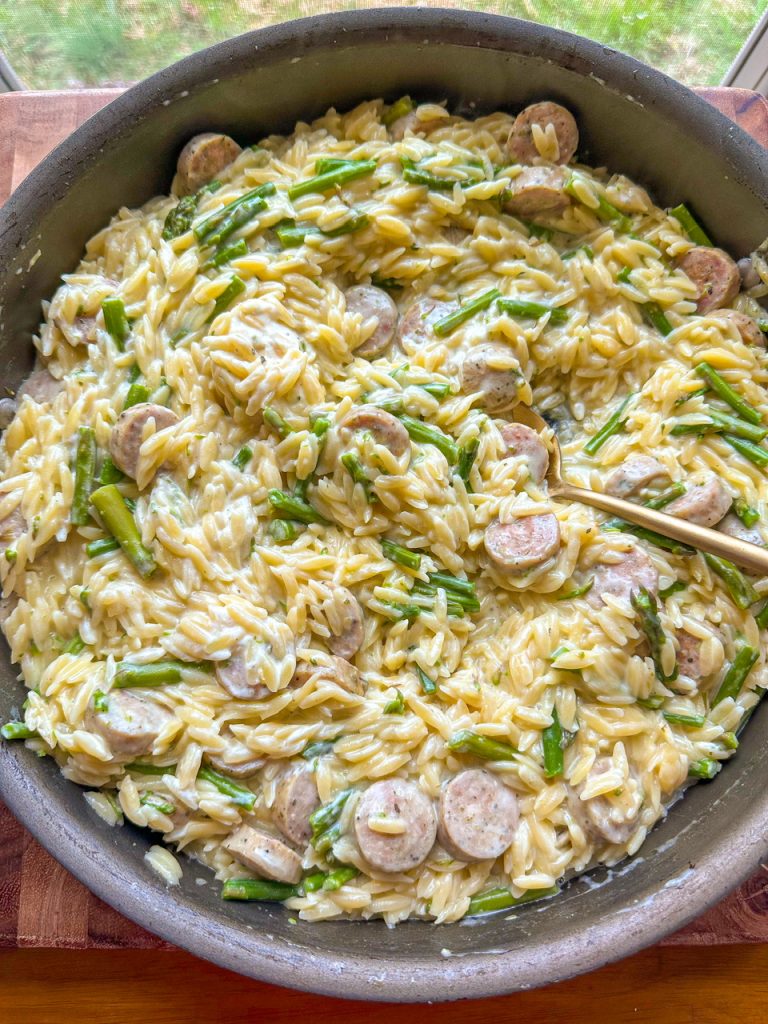 creamy sausage and asparagus orzo with Boursin