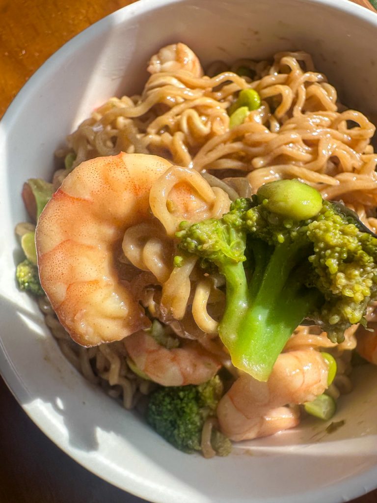 Shrimp and Ramen Stir-Fry with broccoli, edamame, and peanut sauce